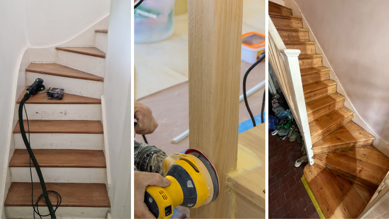 Triptych of professionals Sand Floors on a pine softwood staircase: prep on painted treads, detail sanding on the newel post, and fully sanded pine steps ready for finishing.