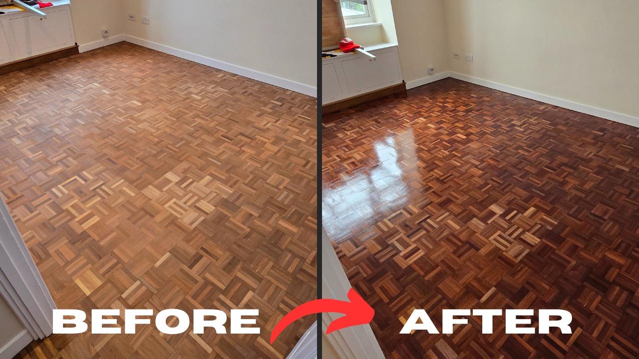 Wood floor sanding before and after on mosaic parquet wood block flooring, showing dull, worn boards transformed into a rich, glossy, restored surface.
