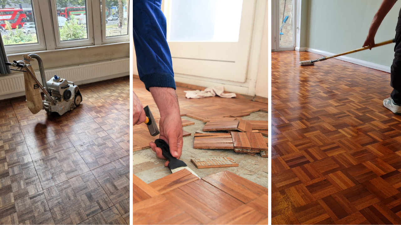 Wood Floor Sanding, repair and restoration of parquet wood block flooring, showing sanding, block replacement and fresh finish.